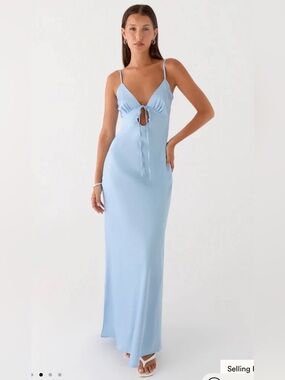 Peppermayo Flora Satin Maxi Dress Ice Blue Size 4 NWT Open Back Tie Front